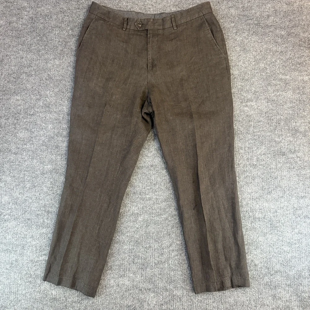 Todd Snyder Linen Dress Pants Men 34x32 Brown Flat Front Made in Portugal(34x27)